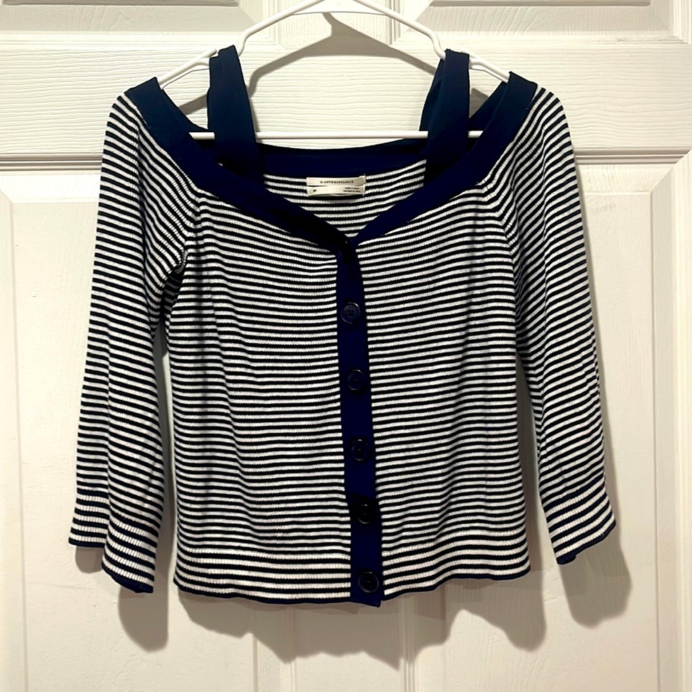 Anthropologie Krissy Striped Cold Shoulder Cardigan Size XS Navy Ivory